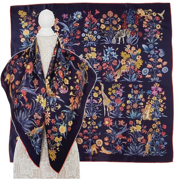 SALVATORE FERRAGAMO SCARF SIGNATURE FLOWER JUNGLE ANIMALS PRINT SILK 35" - Picture 1 of 13
